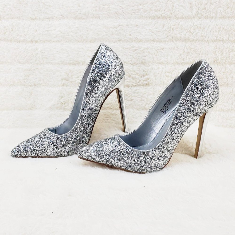 Red Cherry Silver Glitter Pointy Toe Mirror High Heel Stiletto Shoes Pumps